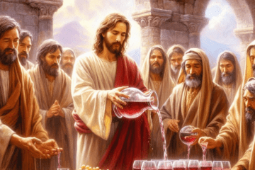 Jesus pours wine into glasses with men standing nearby