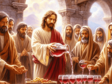 Jesus pours wine into glasses with men standing nearby