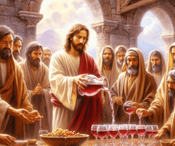 Jesus pours wine into glasses with men standing nearby